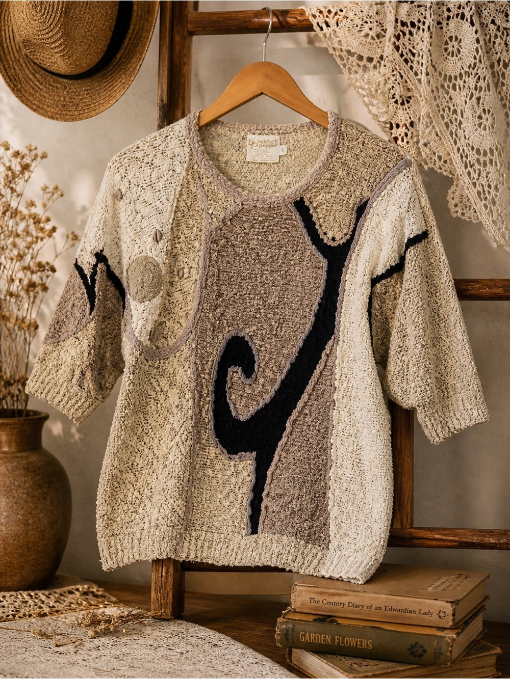 Vintage 80s Beldoch Popper Abstract Sweater Vest ShortSleeve Textured Art Knit S